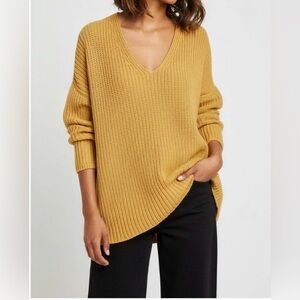 Jenni Kayne Oversized V-Neck Ribbed in Cotton Cabin Sweater in Mustard Medium